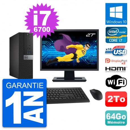 PC Dell 7040 SFF Ecran 27" i7-6700 RAM 64Go Disque 2To HDMI Windows 10 Wifi
