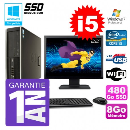 PC HP 8200 SFF Intel I5-2400 8Go Disque 480Go SSD Graveur Wifi W7 Ecran 22"