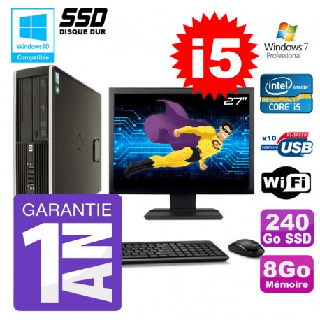 PC HP 8200 SFF Intel I5-2400 8Go Disque 240Go SSD Graveur Wifi W7 Ecran 27"