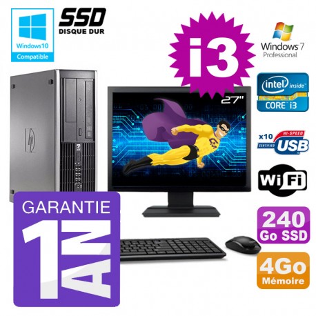 PC HP 8200 SFF Intel I3-2120 4Go Disque 240Go SSD Graveur Wifi W7 Ecran 27"