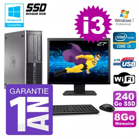 PC HP 8200 SFF Intel I3-2120 8Go Disque 240Go SSD Graveur Wifi W7 Ecran 27"