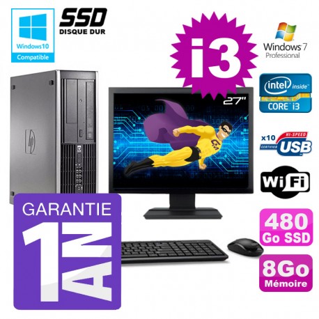 PC HP 8200 SFF Intel I3-2120 8Go Disque 480Go SSD Graveur Wifi W7 Ecran 27"