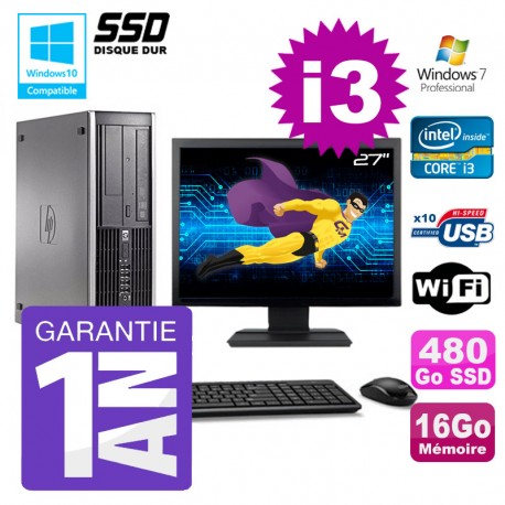 PC HP 8200 SFF Intel I3-2120 16Go Disque 480Go SSD Graveur Wifi W7 Ecran 27"