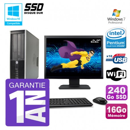 PC HP 8200 SFF Intel G630 16Go Disque 240Go SSD Graveur Wifi W7 Ecran 22"