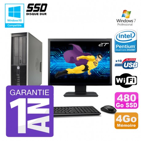 PC HP 8200 SFF Intel G630 4Go Disque 480Go SSD Graveur Wifi W7 Ecran 27"