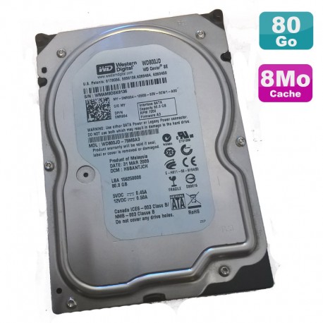 Disque Dur 80Go SATA 3.5" Western Digital Caviar SE WD800JD-75MSA3 7200RPM 8Mo