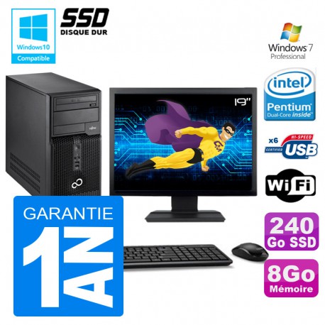 PC Tour Fujitsu Esprimo P400 G630 RAM 8Go Disque 240 SSD Wifi W7 Ecran 19"