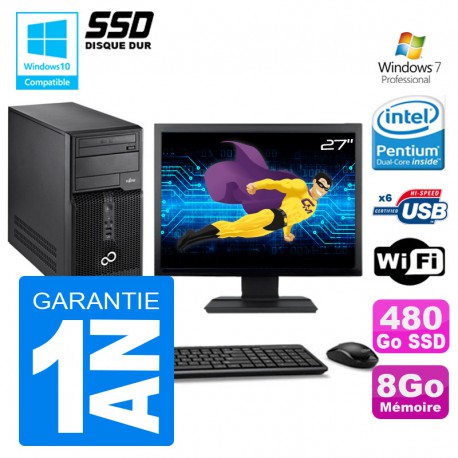 PC Tour Fujitsu Esprimo P400 G630 RAM 8Go Disque 480 SSD Wifi W7 Ecran 27"