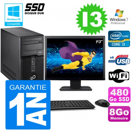 PC Tour Fujitsu Esprimo P400 I3-2120 RAM 8Go Disque 480Go SSD Wifi W7 Ecran 19"