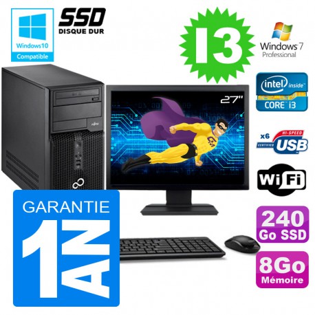 PC Tour Fujitsu Esprimo P400 I3-2120 RAM 8Go Disque 240 Go SSD Wifi W7 Ecran 27"