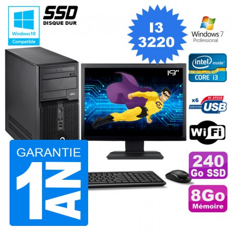 PC Tour Fujitsu Esprimo P400 I3-3220 RAM 8Go Disque 240 Go SSD Wifi W7 Ecran 19"