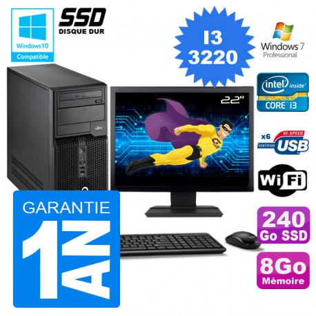PC Tour Fujitsu Esprimo P400 I3-3220 RAM 8Go Disque 240 Go SSD Wifi W7 Ecran 22"