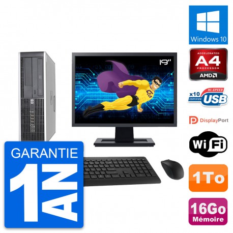 PC HP 6305 Pro SFF Ecran 19" AMD A4-5300B RAM 16Go Disque 1To Windows 10 Wifi