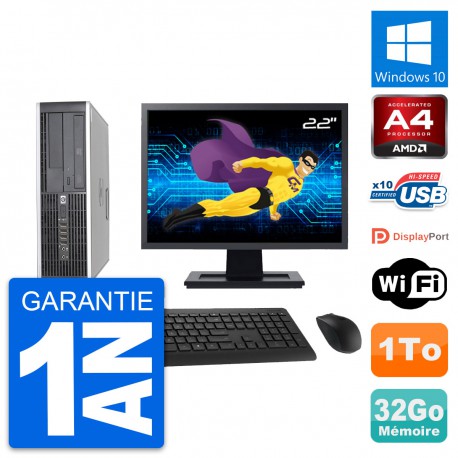PC HP 6305 Pro SFF Ecran 22" AMD A4-5300B RAM 32Go Disque 1To Windows 10 Wifi