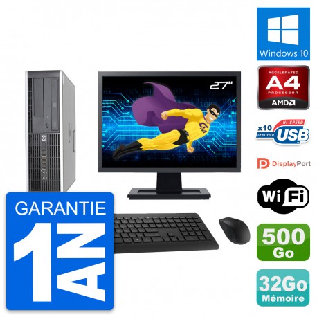 PC HP 6305 Pro SFF Ecran 27" AMD A4-5300B RAM 32Go Disque 500Go Windows 10 Wifi