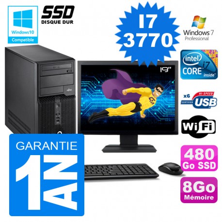 PC Tour Fujitsu Esprimo P400 I7-3770 RAM 8Go Disque 480 Go SSD Wifi W7 Ecran 19"