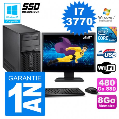PC Tour Fujitsu Esprimo P400 I7-3770 RAM 8Go Disque 480 Go SSD Wifi W7 Ecran 22"