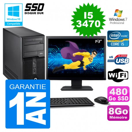 PC Tour Fujitsu Esprimo P400 I5-3470 RAM 8Go Disque 480 Go SSD Wifi W7 Ecran 19"