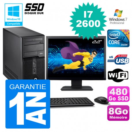 PC Tour Fujitsu Esprimo P400 I7-2600 RAM 8Go Disque 480 Go SSD Wifi W7 Ecran 22"