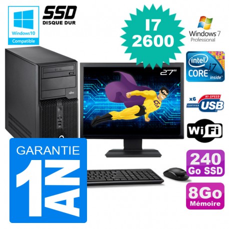 PC Tour Fujitsu Esprimo P400 I7-2600 RAM 8Go Disque 240 Go SSD Wifi W7 Ecran 27"