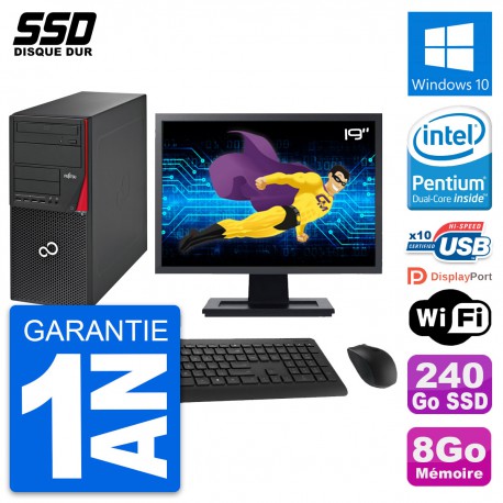 PC Tour Fujitsu P720 Ecran 19" Intel G3220 RAM 8Go SSD 240Go Windows 10 Wifi