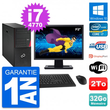 PC Tour Fujitsu P720 Ecran 19" Intel i7-4770 RAM 32Go Disque 2To Windows 10 Wifi