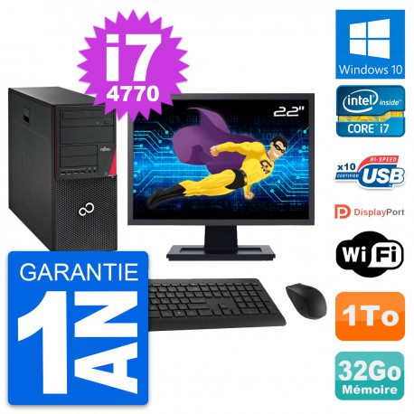 PC Tour Fujitsu P720 Ecran 22" Intel i7-4770 RAM 32Go Disque 1To Windows 10 Wifi