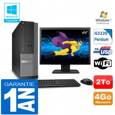 PC DELL 3020 SFF Intel G3220 Ram 4Go Disque 2 To Wifi W7 Ecran 22"