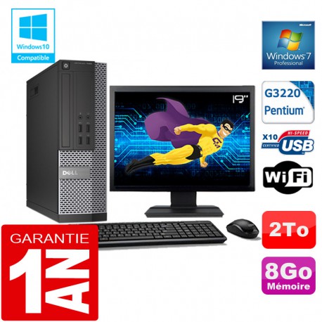 PC DELL 7020 SFF Intel G3220 Ram 8Go Disque 2 To Wifi W7 Ecran 19"