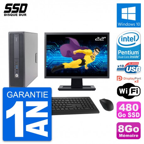 PC HP 600 G2 SFF Ecran 22" Intel Pentium G4400 RAM 8Go SSD 480Go Windows 10 Wifi