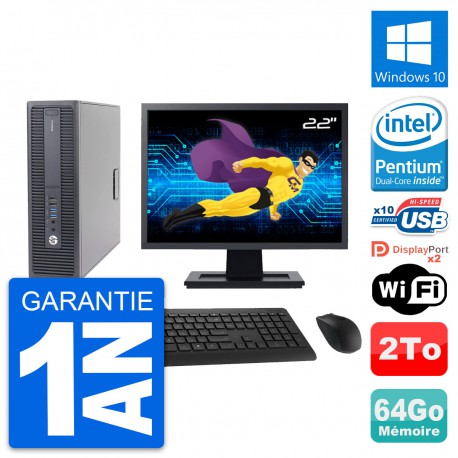 PC HP 600 G2 SFF Ecran 22" Intel G4400 RAM 64Go Disque Dur 2To Windows 10 Wifi