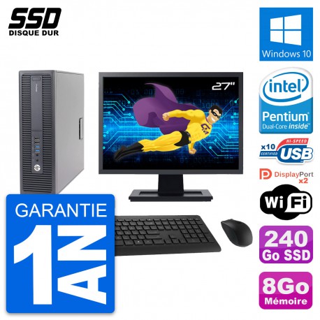 PC HP 600 G2 SFF Ecran 27" Intel Pentium G4400 RAM 8Go SSD 240Go Windows 10 Wifi