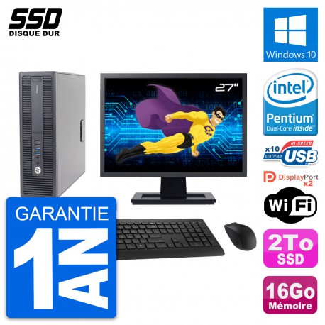 PC HP 600 G2 SFF Ecran 27" Intel Pentium G4400 RAM 16Go SSD 2To Windows 10 Wifi