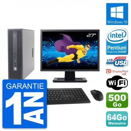 PC HP 600 G2 SFF Ecran 27" Intel G4400 RAM 64Go Disque Dur 500Go Windows 10 Wifi