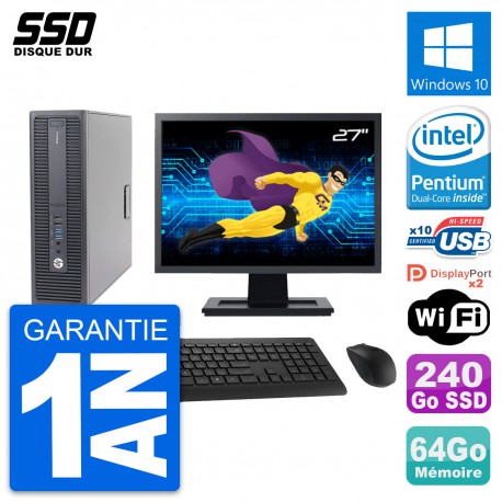 PC HP 600 G2 SFF Ecran 27" Intel G4400 RAM 64Go SSD 240Go Windows 10 Wifi