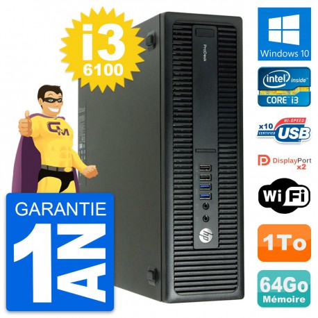 PC HP ProDesk 600 G2 SFF Intel i3-6100 RAM 64Go Disque Dur 1To Windows 10 Wifi