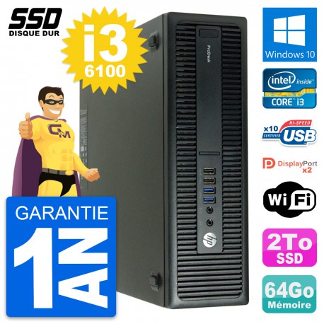PC HP ProDesk 600 G2 SFF Intel Core i3-6100 RAM 64Go SSD 2To Windows 10 Wifi