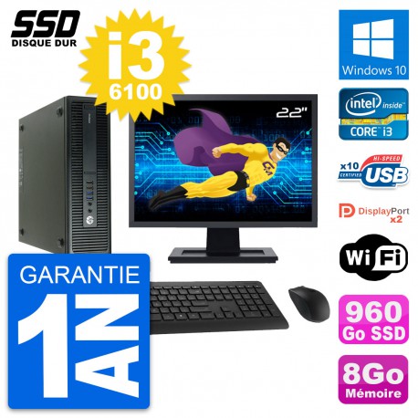 PC HP 600 G2 SFF Ecran 22" Intel Core i3-6100 RAM 8Go SSD 960Go Windows 10 Wifi