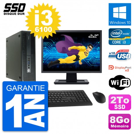 PC HP 600 G2 SFF Ecran 22" Intel Core i3-6100 RAM 8Go SSD 2To Windows 10 Wifi