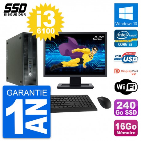 PC HP 600 G2 SFF Ecran 22" Intel Core i3-6100 RAM 16Go SSD 240Go Windows 10 Wifi