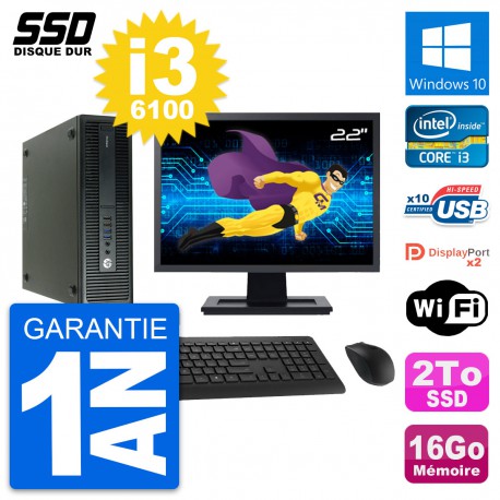 PC HP 600 G2 SFF Ecran 22" Intel Core i3-6100 RAM 16Go SSD 2To Windows 10 Wifi