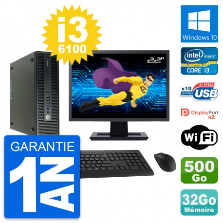 PC HP 600 G2 SFF Ecran 22" Core i3-6100 RAM 32Go Disque 500Go Windows 10 Wifi