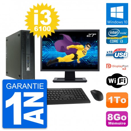 PC HP 600 G2 SFF Ecran 27" Intel Core i3-6100 RAM 8Go Disque 1To Windows 10 Wifi