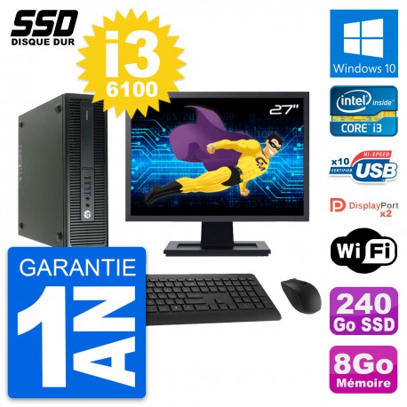 PC HP 600 G2 SFF Ecran 27" Intel Core i3-6100 RAM 8Go SSD 240Go Windows 10 Wifi