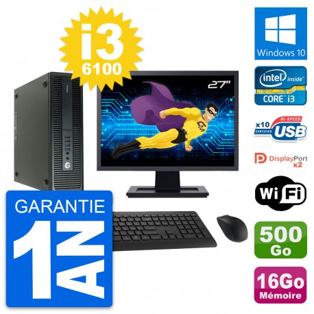 PC HP 600 G2 SFF Ecran 27" Intel i3-6100 RAM 16Go Disque 500Go Windows 10 Wifi