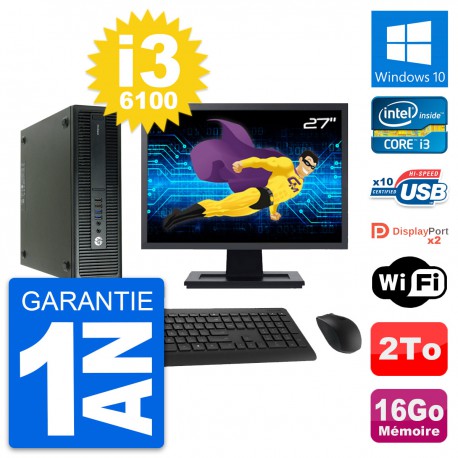 PC HP 600 G2 SFF Ecran 27" Intel i3-6100 RAM 16Go Disque Dur 2To Windows 10 Wifi
