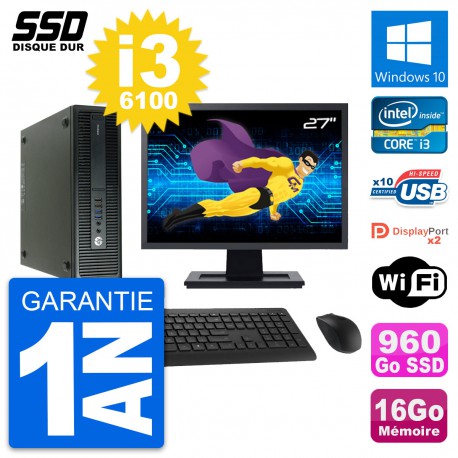PC HP 600 G2 SFF Ecran 27" Intel Core i3-6100 RAM 16Go SSD 960Go Windows 10 Wifi
