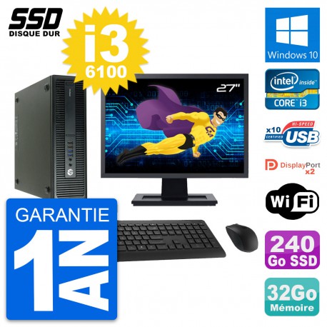 PC HP 600 G2 SFF Ecran 27" Intel Core i3-6100 RAM 32Go SSD 240Go Windows 10 Wifi
