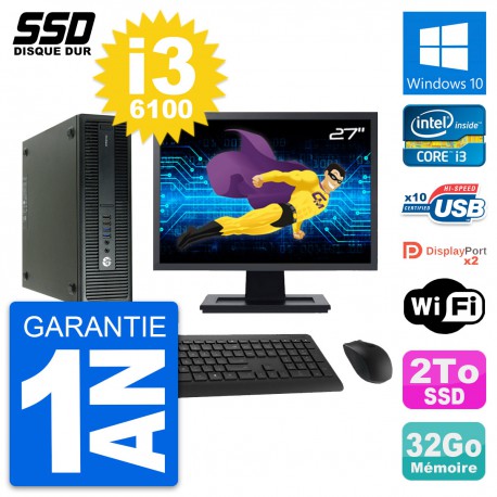 PC HP 600 G2 SFF Ecran 27" Intel Core i3-6100 RAM 32Go SSD 2To Windows 10 Wifi