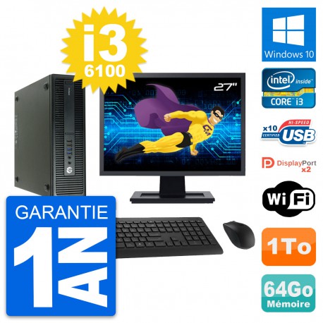 PC HP 600 G2 SFF Ecran 27" Intel i3-6100 RAM 64Go Disque Dur 1To Windows 10 Wifi